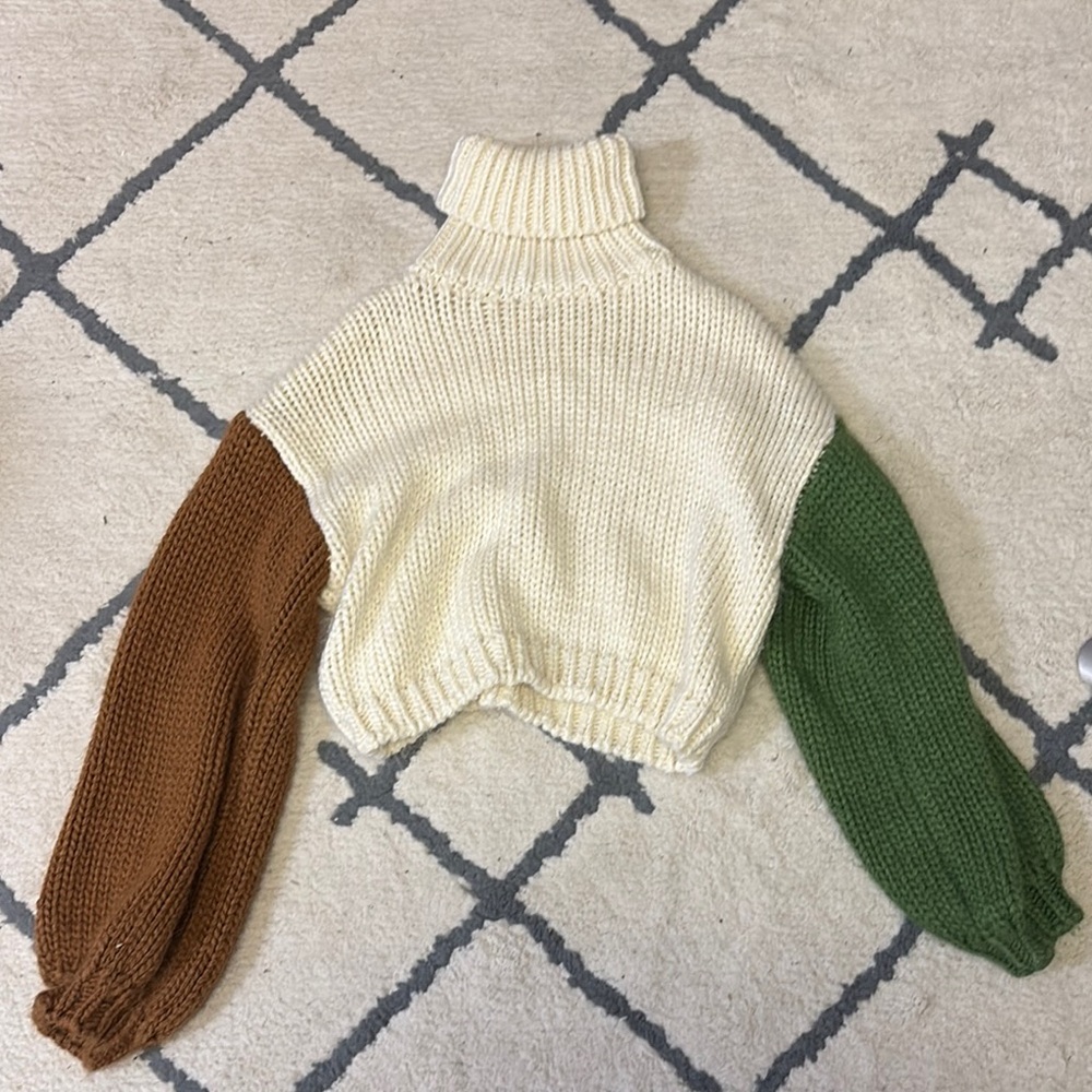 Colorblock Turtleneck Sweater - Cream, Brown, and Green